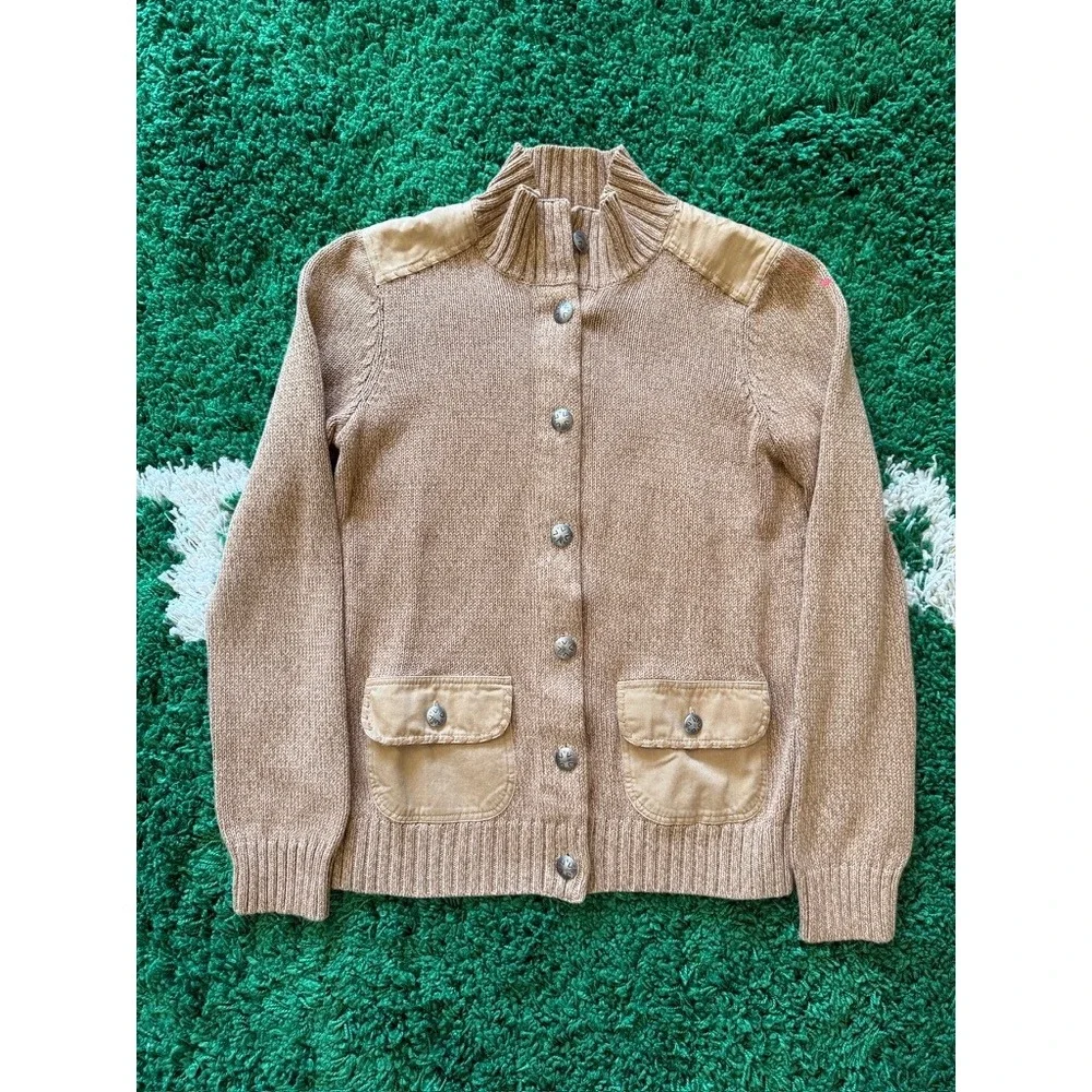 Tan Knit Button Front Cardigan Sweater Canvas Shoulder Patches Metal Buttons